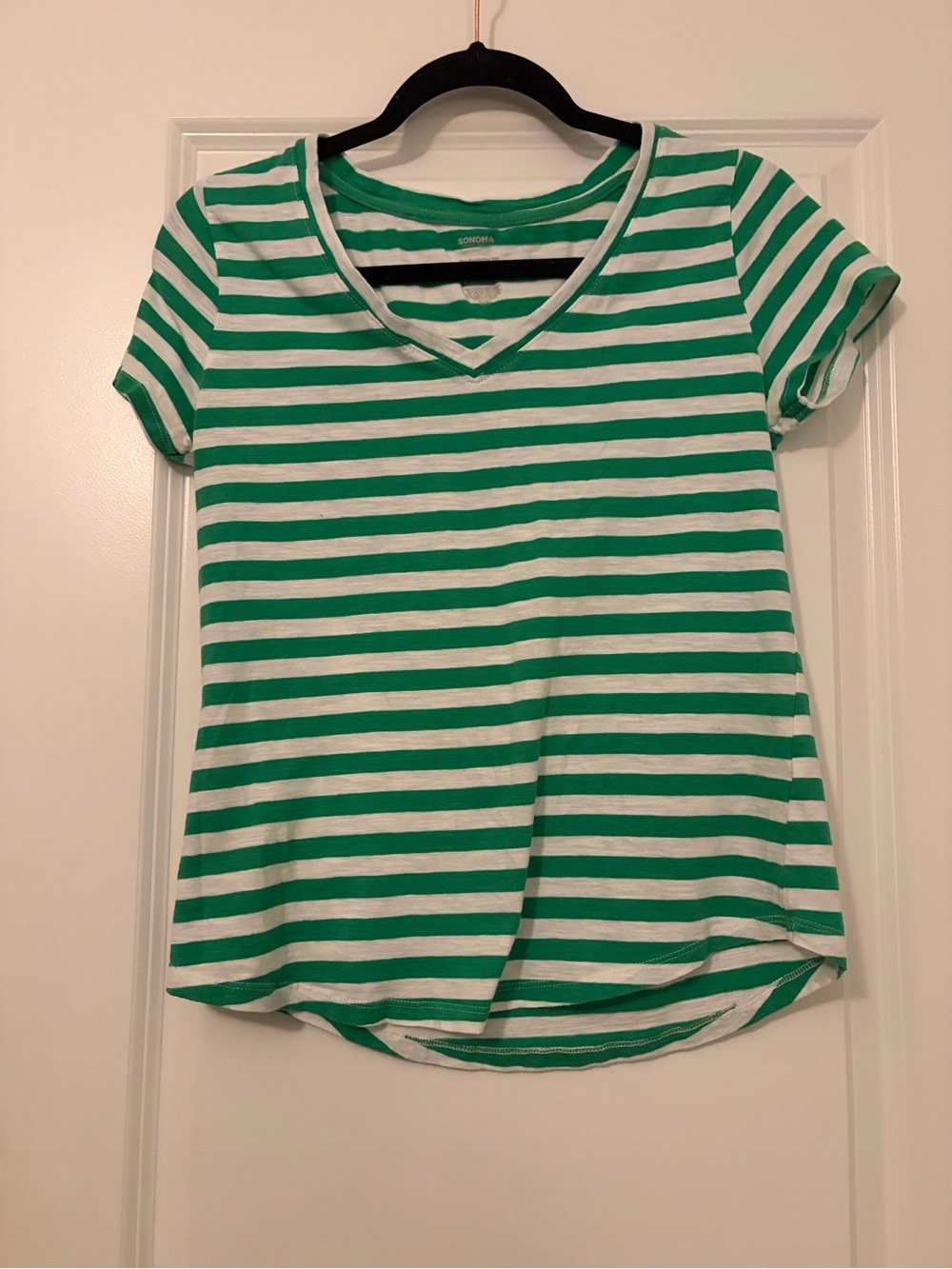 Sonoma Green & White Striped V-Neck Short Sleeve Top